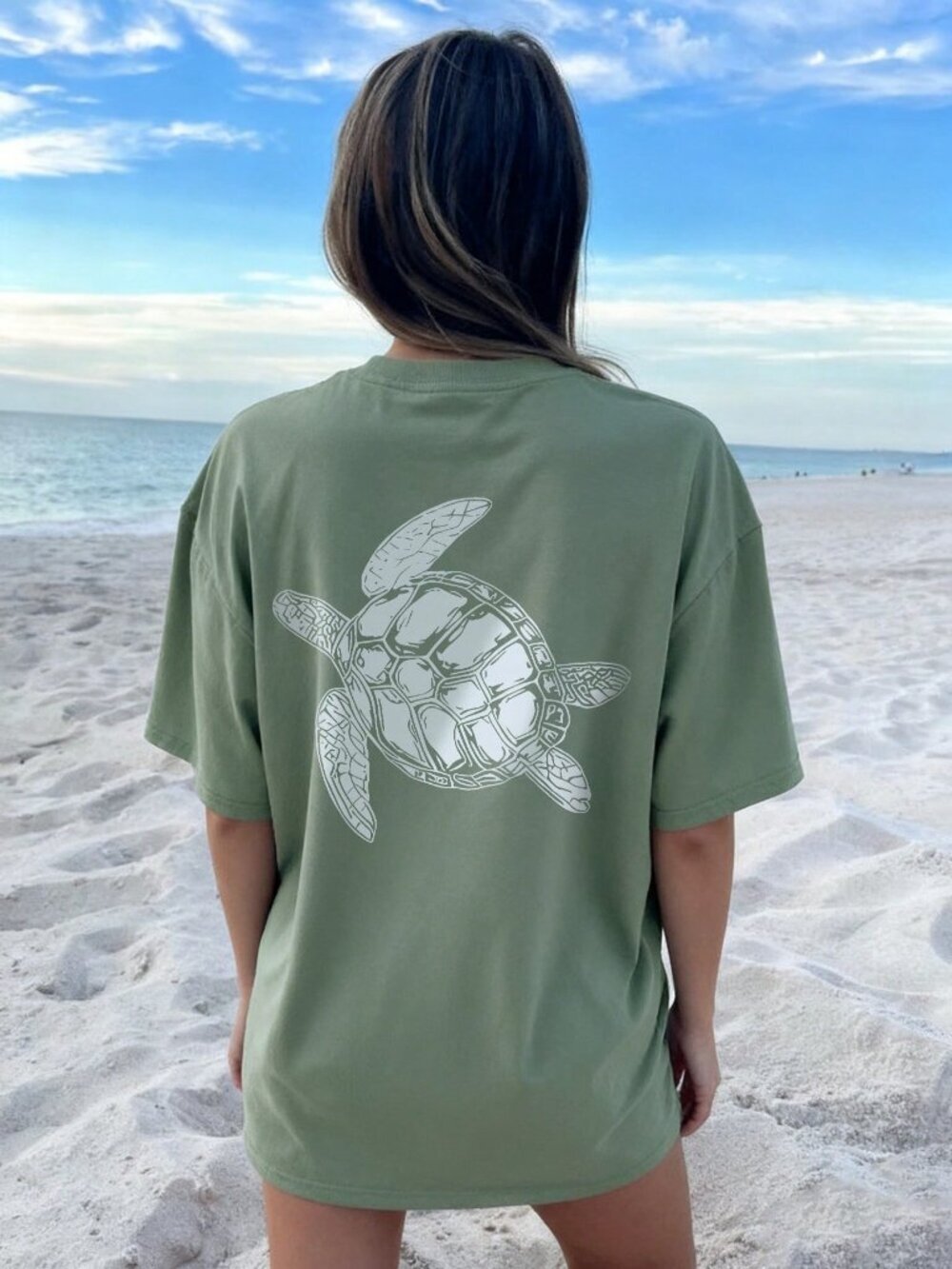 Green Casual Women's Cute Sea Turtle Print Loose Round Neck Short Sleeve T-Shirt